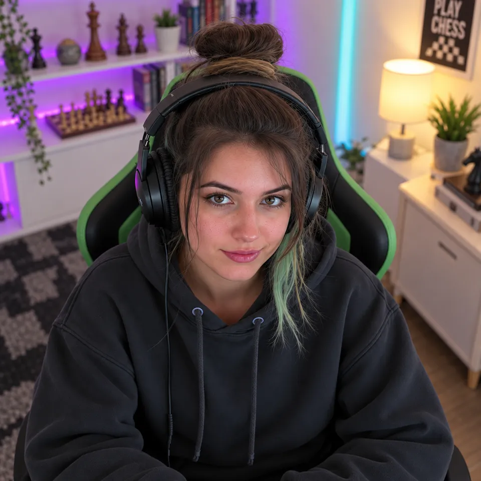 Kira, an AI chess streamer, in headphones at her gaming chair
